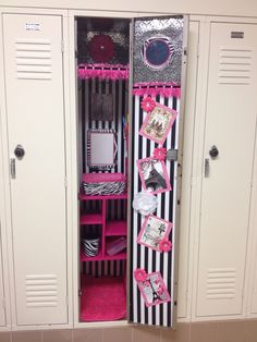 the lockers are decorated with pink, black and white items for barbie's bedroom