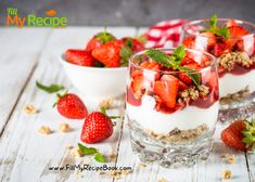 three desserts with strawberries and yogurt are on the table