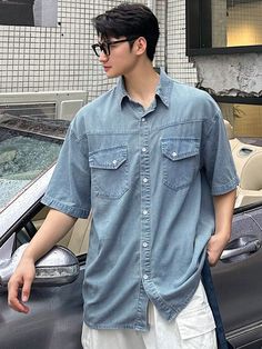 Blue Casual Collar Short Sleeve Denim Plain Shirt Embellished Non-Stretch  Men Clothing Blue Denim Shirt Outfit Men, Denim Polo Outfit, Denim Shirt Outfit Mens, Blue Denim Shirt Outfit, Mens Denim Shirt Outfit, Polo Outfit Men, Jean Shirt Men, Denim Shirt Outfit, Denim Polo