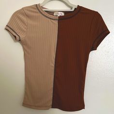 Stella Tweed: Brown Top, Size M, Tight Fit, Brand New, In Perfect Condition Summer Brown Color Block Tops, Trendy Fitted Brown Tops, Summer Color Block Brown Tops, Trendy Beige Color Block Tops, Trendy Brown Color Block Tops, Retro Brown Stretch Top, Brown Single-breasted Winter Top, Fitted Brown Vintage T-shirt, Brown Single-breasted Tweed Jacket