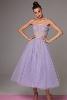 All For Love Strapless Tulle Midi Dress | Jewelclues | #color_lavender Couture Dresses Short, Midi Tulle Dress, All For Love, Tea Length Tulle, Elegant Dresses Short, Full Tulle Skirt, Tulle Midi Dress, Tulle Midi Skirt, Corset Bustier