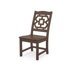 a brown wooden chair with an intricate design on the back and seat, against a white background