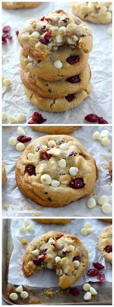 cookies with white chocolate chips and cranberries are stacked on top of each other