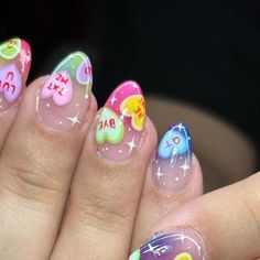 Ivy Anastasia | Nail Artist on Instagram: "Candy Hearts 🍭🌈💜 #handpaintednailart #candyhearts #kawaiinails #polygelnails #dallasnailartist #dallasnailtech #rainbownails Use code IVYGIRL for $$ off at SNA.com! @secret.nail.affair 💗💅✨ Xoxo, Ivy Anastasia 🦋" Polygel Nails, Painted Nail Art, Candy Hearts, Kawaii Nails, Rainbow Nails, Heart Candy, Artist On Instagram, Nail Artist, Nail Tech