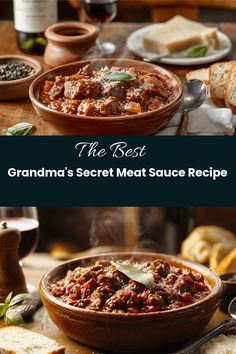 Two steaming bowls of rich, homemade Grandma's Secret Meat Sauce Recipe featuring tender chunks of meat in a thick red tomato sauce, garnished with fresh basil leaves and grated cheese, served alongside crusty bread slices, with wine and seasonings visible in the background.