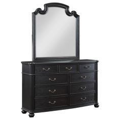 a black dresser with mirror on top of it