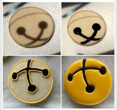 four different images of decorated cookies with black and yellow icing on them, including one in the shape of a basketball ball