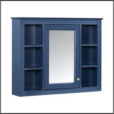 an empty blue shelf with a mirror on it