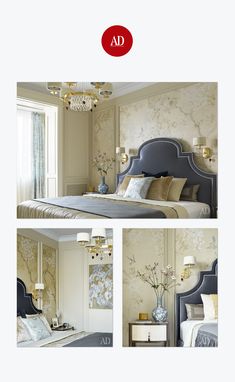 three pictures of a bedroom with white walls and gold accents on the bed, chandelier