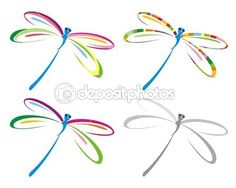 four dragonflys flying in different colors on a white background