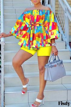 Fisdy - Chic Green and Yellow Casual Print Patchwork Off-Shoulder Long Sleeve Two Piece Set Off The Shoulder Long Sleeve, Two Piece Short Set, Yellow Print, Casual Sets, Edgy Outfits, Plus Size Casual, White Casual, Tropical Print, Stripe Print