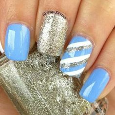 Blue white silver Blue Glitter Nails, Nail Art Stripes, Unghie Nail Art, Blue Nail, Nails Polish, Fabulous Nails, Glitter Nail Art, Cute Nail Designs, Fancy Nails