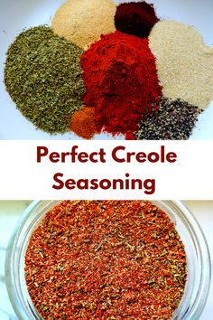 different types of seasoning are shown in this collage with the words perfect cremee seasoning