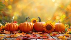 pumpkins and sunflowers are arranged in a row on the ground with autumn leaves