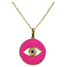 Solid 14K Yellow Gold Evil Eye Diamond Necklace  Fall in love with this Hot Pink Enamel Evil Eye high-polish pendant with natural diamonds. The Evil Eye is an symbol of spiritual protection and good health.  14K Yellow Gold  Hot Pink  0.05 total carat of natural diamonds  4 grams -+ of gold  16-18 inches long Eye Of God, Spiritual Protection, Pink Enamel, Evil Eye, Natural Diamonds, Jewelry Necklace Pendant, Diamond Necklace, Hot Pink, Jewelry Necklaces