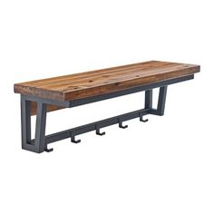 a wooden bench sitting on top of a metal frame