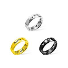 three different types of rings with names on them