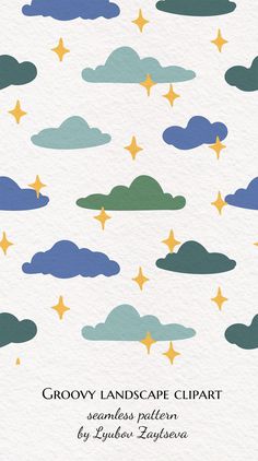 the cover of groovy landscape clipart, with stars and clouds in blue