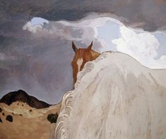 a painting of a horse standing on top of a hill with clouds in the background