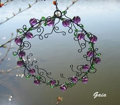 a purple and green beaded wreath hanging from a tree branch next to the water