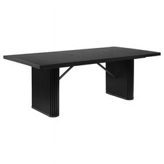 a black table with two legs and a long rectangular design on the top, against a white background