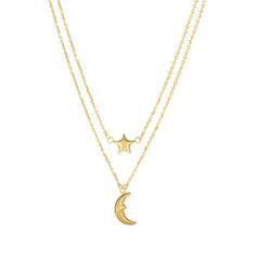 14k Yellow Gold Moon And Star On Single In to Double Graduated Strand Necklace, 18" Dainty Chain Necklace, Diamond Bar Necklace, Graduation Necklace, Bar Pendant Necklace, Star Chain