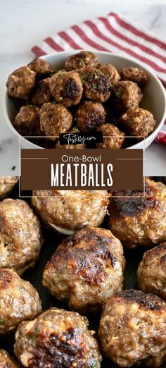 some meatballs are in a bowl and on a plate with the words, one bowl meatballs