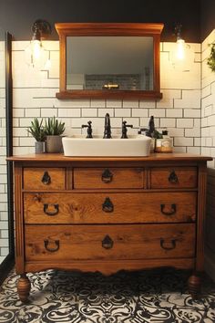 a bathroom with a sink, mirror and wooden dresser