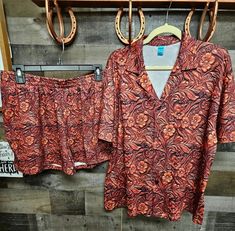 Leather Floral Print Women's Pajama Set Add a punch of western to your loungewear closet! This fun western print gives ranchy vibes and is a must have for every cowgirl. Pajama sets include short sleeved shorts. Made of high-quality polyester fabric, comfortable and breathable, soft and skin-friendly, suitable for home leisure and sleeping. V-neck design for short sleeves, black buttons fixed, easy to wear and take off, fashion classic. 100% polyester size chart in photos PLEASE ALLOW UP TO 14 B Leather Floral, Womens Pyjama Sets, Plus Size Shopping, Blankets For Sale, Pajama Sets, Black Button, Western Wear, Pajamas Women, Neck Designs