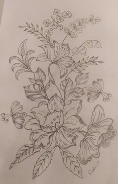 a drawing of flowers and butterflies on paper