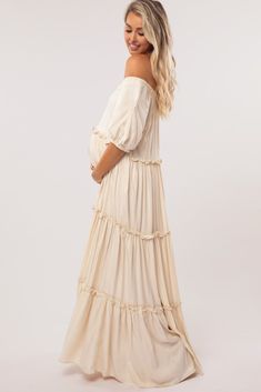 Cream Off Shoulder Ruffle Tiered Maternity Maxi Dress– PinkBlush Off Shoulder Neckline, Boho Gown, Maternity Maxi Dress, Casual Maternity, Pregnancy Wardrobe, Maternity Maxi, Pregnancy Maxi Dress, Pink Blush Maternity, Everyday Dresses