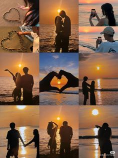 people making heart shapes with their hands on the beach at sunset - stock photoshopped