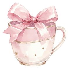 a watercolor drawing of a cup with a pink bow on the top and stars around it