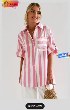 Striped Button Up Rolled Sleeves Shirt Striped Button-up Shirt For Day Out, Summer Striped Blouse With Buttons, Spring Striped Shirt With Buttons, Pink Button-up Shirt For Day Out, Chic Striped Shirt For Beach, Striped Button-up Vacation Shirt, Striped Summer Shirt With Buttons, Striped Button-up Beach Shirt, Spring Striped Shirt With Button Closure