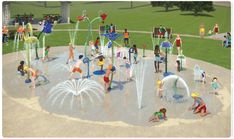 an artist's rendering of children playing in a water park with fountains and splash jets