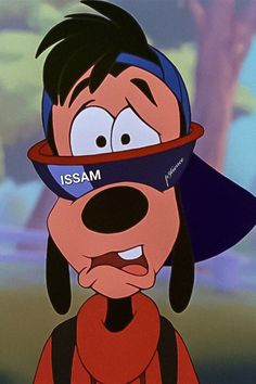 a cartoon dog wearing a blindfold and looking at the camera