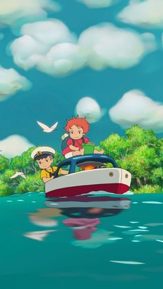 two people on a boat in the water with trees and clouds behind them, while another person watches