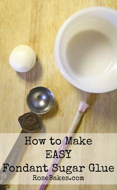 the ingredients for making fondant sugar glaze on a wooden table with spoons