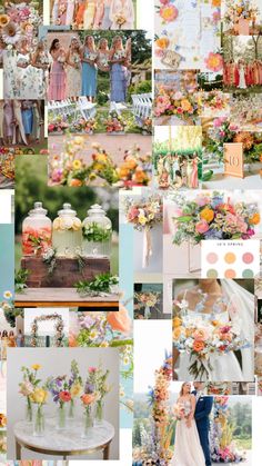 a collage of photos with flowers and vases on them, including the bride's bouquet