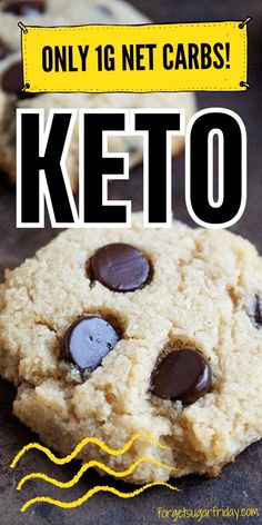 a close up of a cookie with chocolate chips on it and the words keto written below