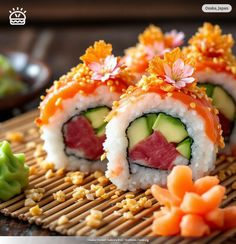 sushi rolls with vegetables and sauces on a bamboo mat