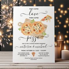 a card with pizza slices on it next to candles and some lights in the background