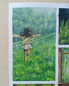 a painting of a girl running in the rain