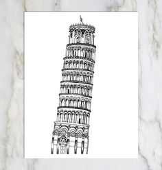 a black and white drawing of the leaning tower of pisa in italy on a marble surface