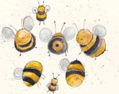 some very cute little bees in the middle of a drawing with watercolor pencils