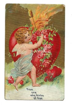 an old valentine's day postcard with a cupid angel holding a flower