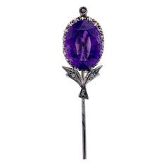 Charming late 19th century stick pin in the shape of a flower set with an intensive purple amethyst and small natural pearls. Diamond Flower Brooch, Amethyst Flower, Gold Tie, Silver Tie, Gold Horse, Goth Jewelry, Tie Pin, Stick Pins, Art Deco Diamond