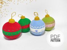 three crocheted christmas ornaments are shown in different colors