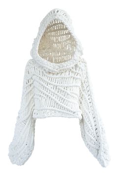 a white knitted sweater with an open hood