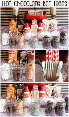 hot chocolate bar ideas with candy, candies and marshmallows in jars